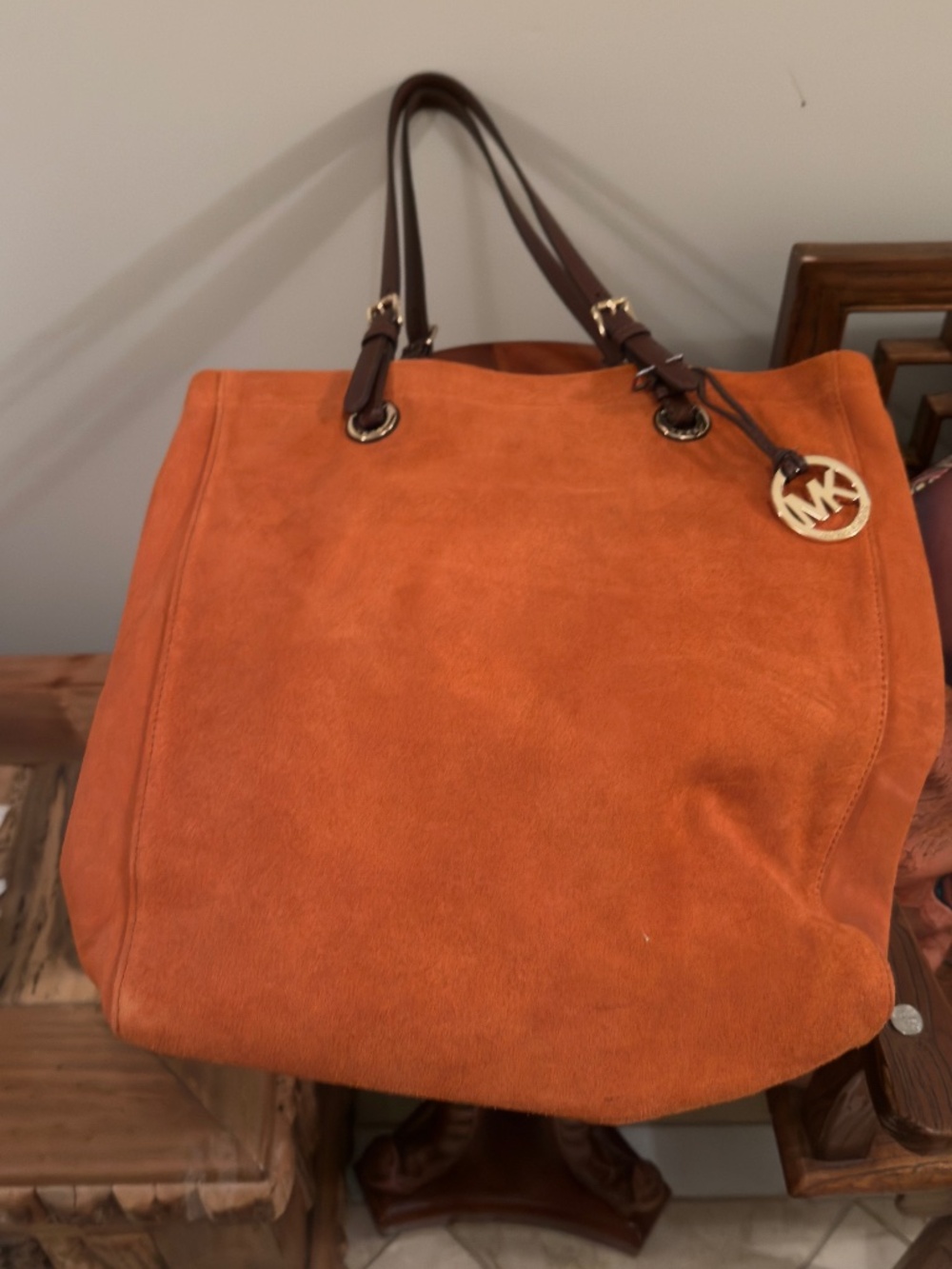 Michael Kors Orange Suede Tote with Brown Handles